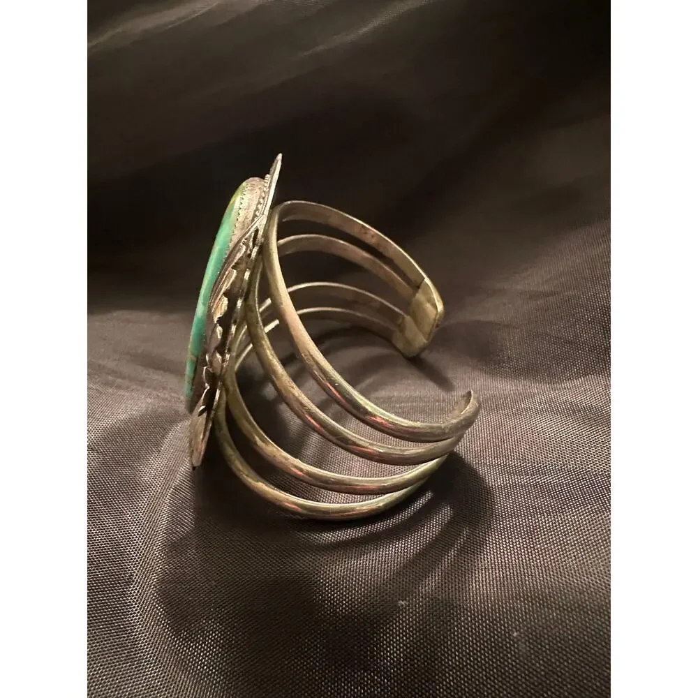 VINTAGE 70's 80's HUGE HEAVY SIGNED NAVAJO CARVED STERLING TURQUOISE CUFF UNISEX